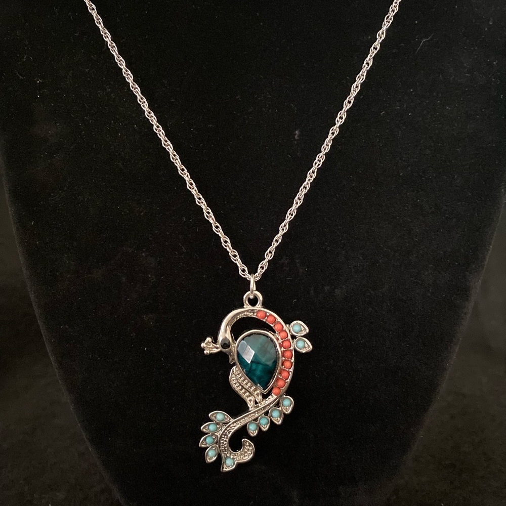 Silver and Teal Multi Stone Peacock Pendant Necklace
